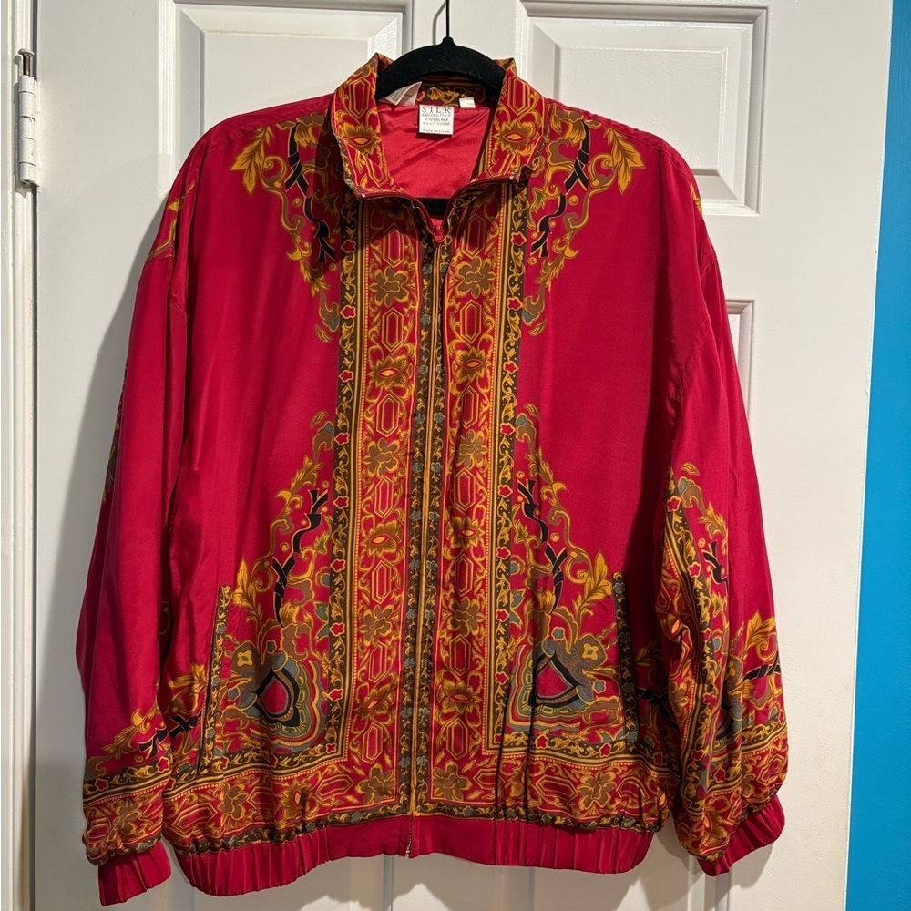 Silk Collection zipped bomber jacket red silk ornate vintage sz M
